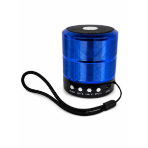 Parlante portátil cilíndrico azul con cordón