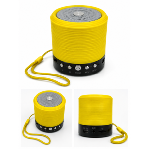Parlante portátil cilíndrico amarillo con cordón